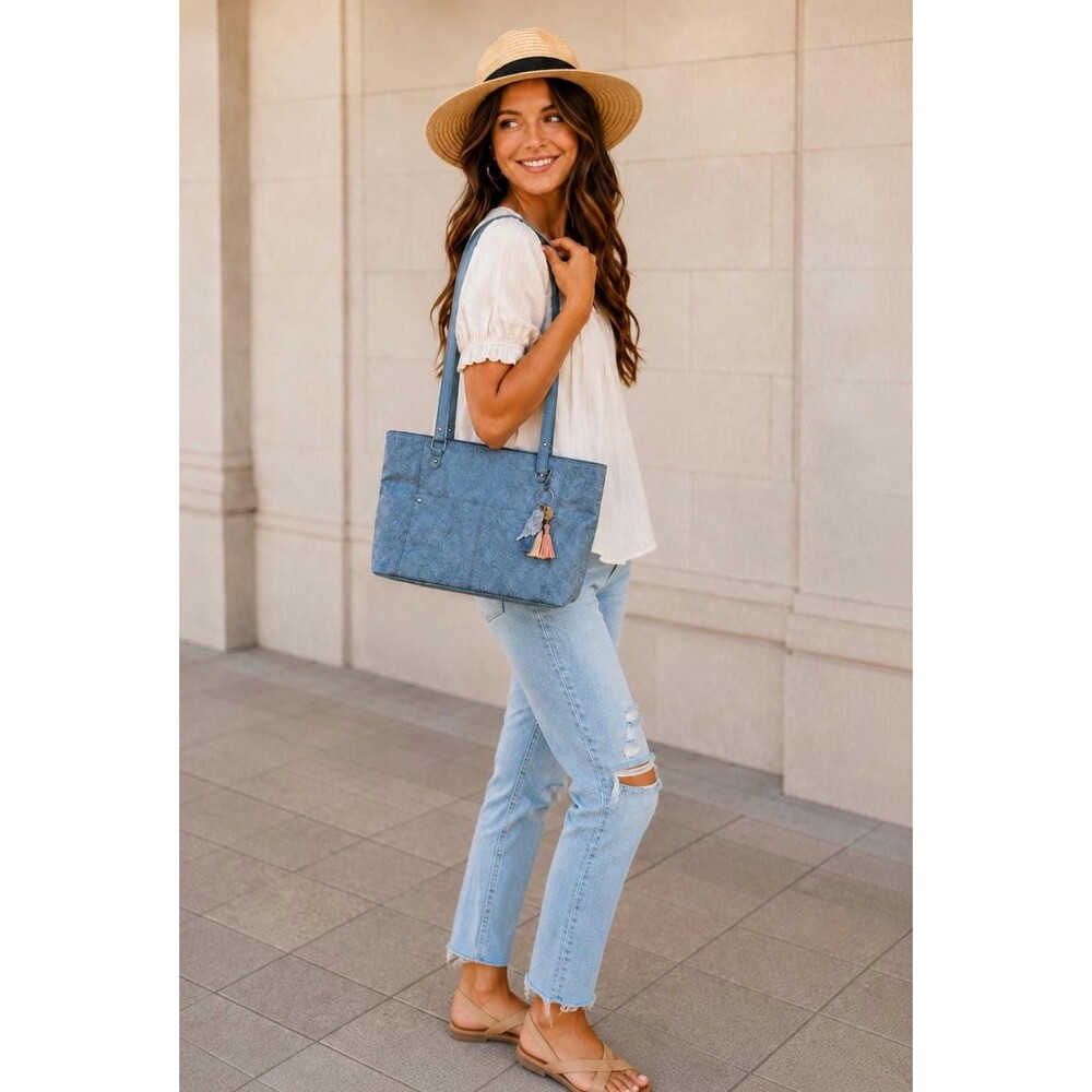 Sakroots Light Blue Tote Bag | Floral Print with Owl Tassel Charm | Zip Top Ligh